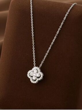 Silver Floral Pavé Cluster Clover Charm Necklace New